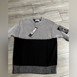 Stone Island Black and Gray Colorblock Ribbed Crewneck Sweater